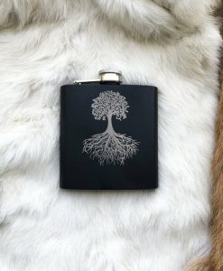 Yggdrasil World Tree Mat Black Flask Norse Nordic Flask Laser Engraved