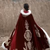 Winter Long Warm Bridal Wrap with Gold Embroidery Dark Red Wedding
