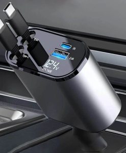 High-Speed 4-in-1 Retractable Car Charger with Dual USB, Type-C & Lightning Cables