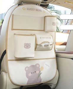 Bear-Themed Car Seat Organizer with Protective Kick Mat