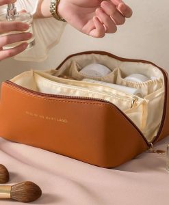 Elegant Leather Travel Cosmetic Bag - Zippered Make-Up Organizer for Women
