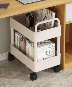 Compact 2-Tier Mobile Bookshelf Cart with Wheels