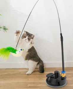 Interactive Feathered Bird Wand Toy with Suction Cup for Cats