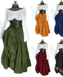 Women Fashion Vintage Medieval Renaissance Maxi Dresses Flare Sleeve