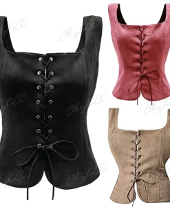 Medieval Women Vintage Suede Style Corset Top Victorian Pirate Lady