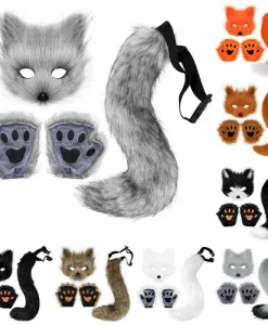 Fluffy Fur Fox Tail Keychain Cat Paws Gloves and Wolf Therian Mask Set