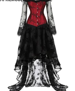 2024 Women High Low Hem Ruffle Corset Dress Renaissance Steampunk