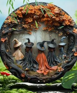 Aluminum Four Seasons Witch-Themed Circular Wall Art Weather-Resistant