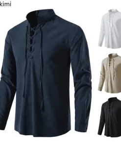 New Men's Casual Cotton Linen Shirt Medieval Renaissance Long Sleeve