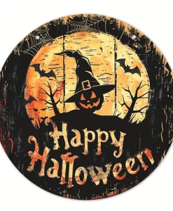 Creative Circular Black Cat Wooden Plaque Halloween Wreaths Wall Decor