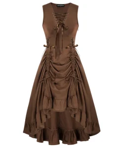 SD Women Renaissance Ruffled Dress Gothic Ruched Bodice Lace-Up V-Neck